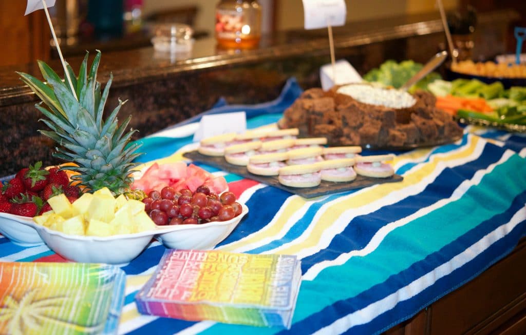 Beach Theme Bunco Buffet Set Up with Beach Towels