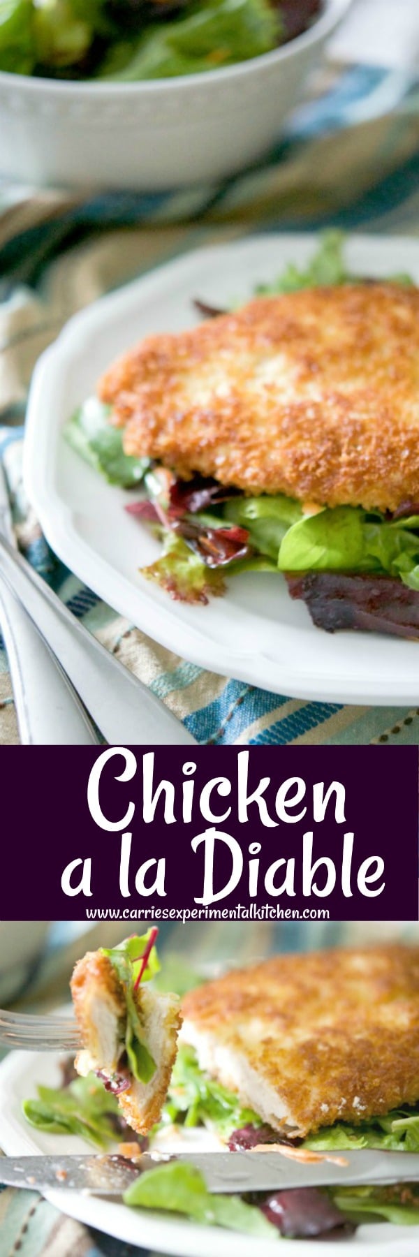 Chicken a la Diable: Boneless breaded chicken cutlets coated in a cajun seasoning breadcrumb mixture then fried and placed on top of mixed greens. #chicken #bonelesschicken #cajun