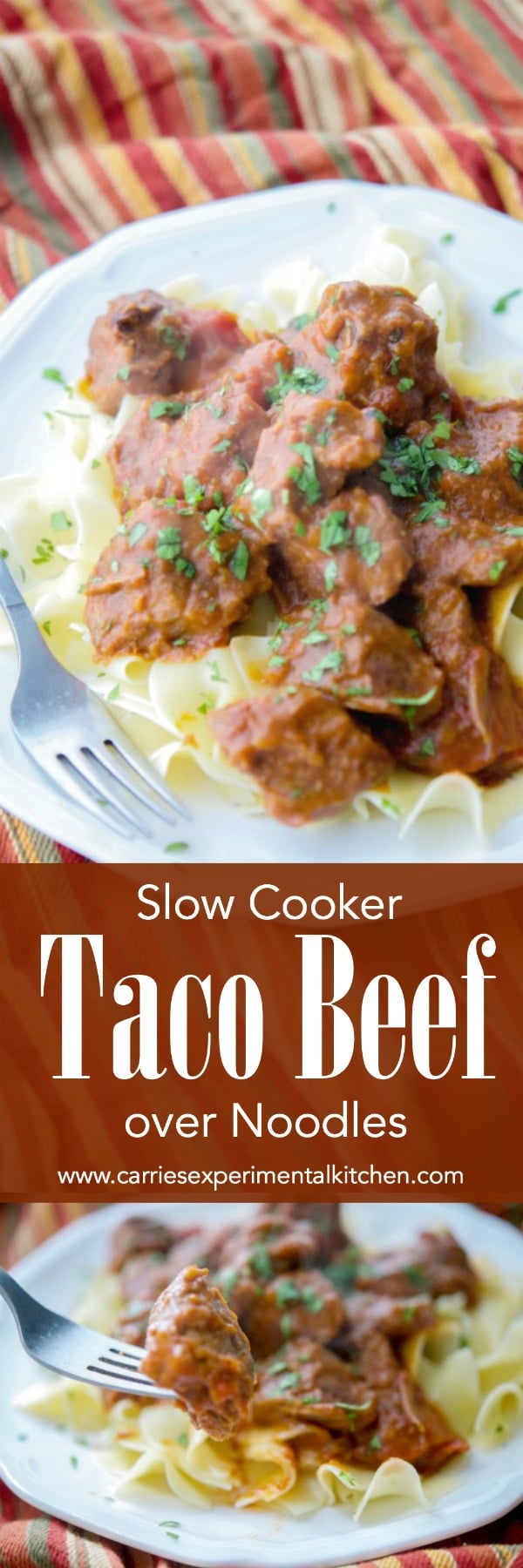 A plate of slow cooker taco beef with a fork