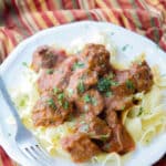 Taco flavored #beef cubes slowly cooked with fire roasted diced tomatoes, lime juice and cilantro; then served on top of buttered egg noodles.