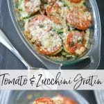 A tray of tomato and zucchini gratin on a table