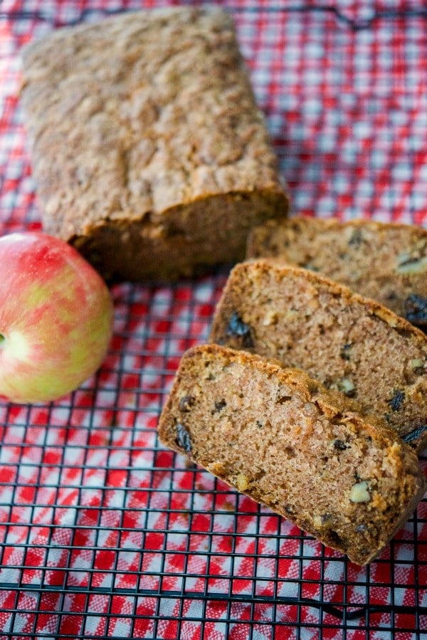 A piece of apple raisin walnut loaf bread