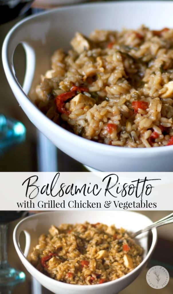 A close up of a bowl of balsamic risotto with grilled chicken