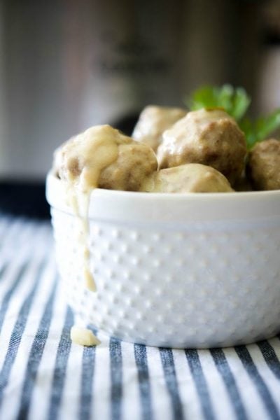 Steak Diane Meatballs in a white dish