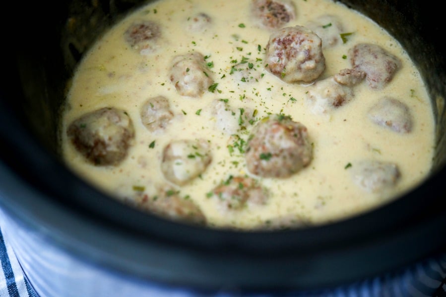 A close up of steak diane meatballs