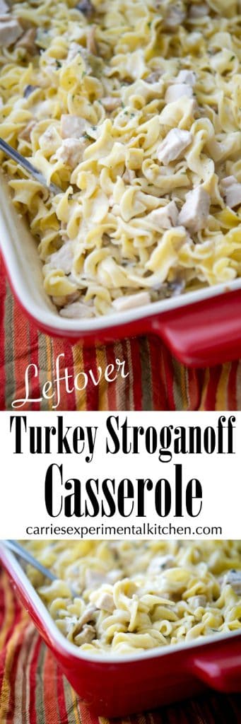 Utilize leftover turkey from your holiday celebrations and turn it into this Turkey Stroganoff Casserole in a creamy sauce mixed with egg noodles. #turkey #casserole #thanksgiving