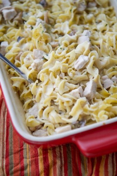 A closeup of turkey stroganoff casserole.