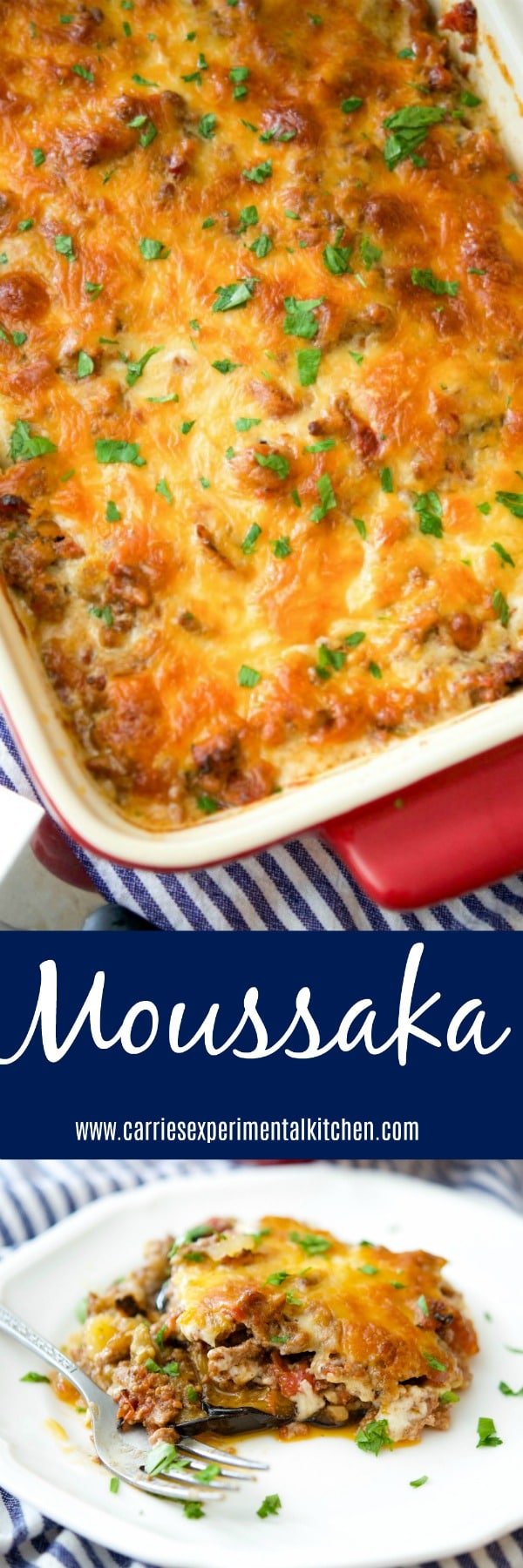 Moussaka originated from Greece and the Middle East and is casserole dish made with layers of potatoes, eggplant and ground beef; then topped with a cheesy Bechamel sauce.