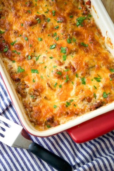 Baked Moussaka in red casserole dish