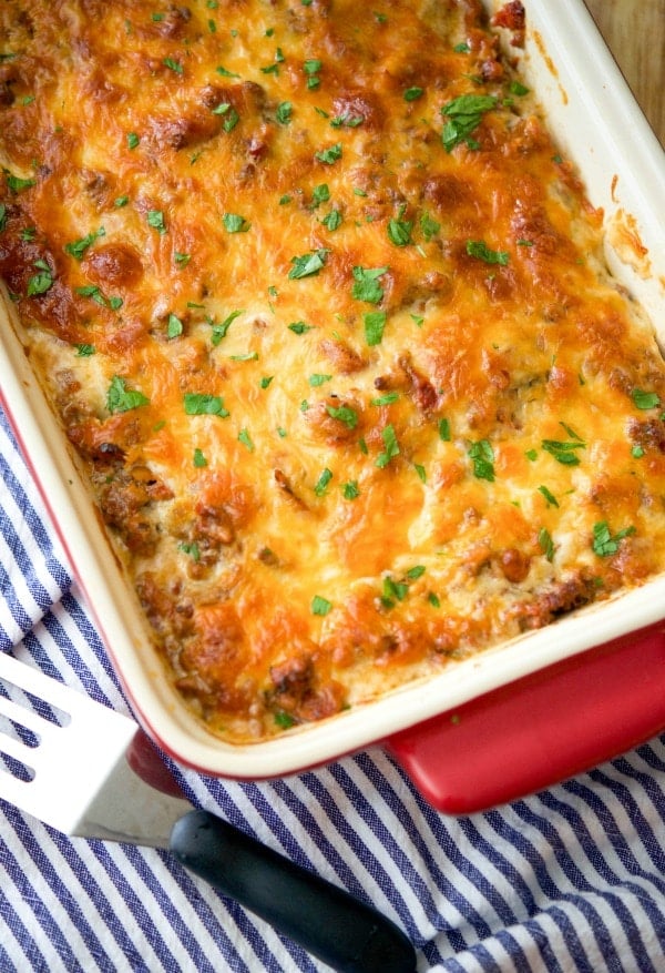 Baked Moussaka in red casserole dish