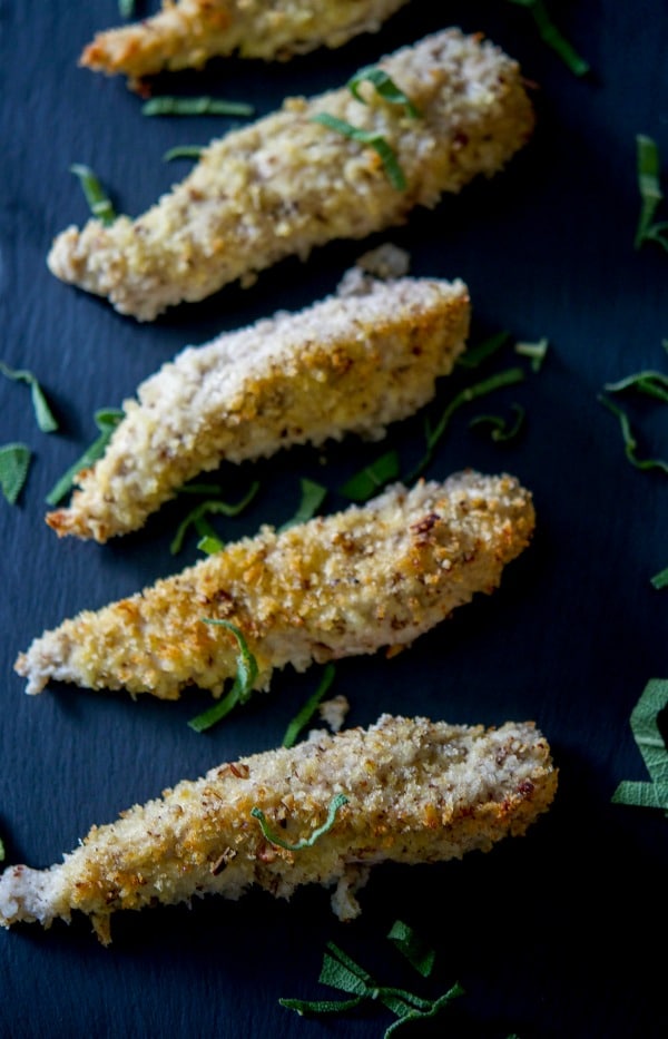 Boneless chicken breast tenderloins dipped in a maple syrup egg wash; then coated with chopped pecans and Panko breadcrumbs.