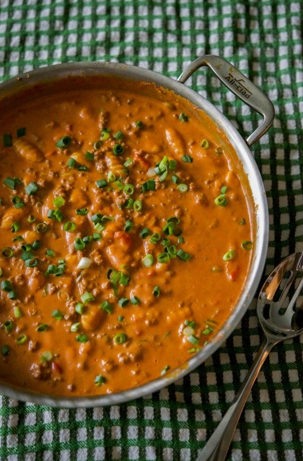 Cheeseburger Gnocchi in a skillet