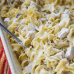 Turkey Stroganoff in a red casserole dish