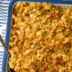 This stuffing made with Portuguese chorizo and cornbread stuffing mix makes a tasty weeknight side dish or served with during Thanksgiving.