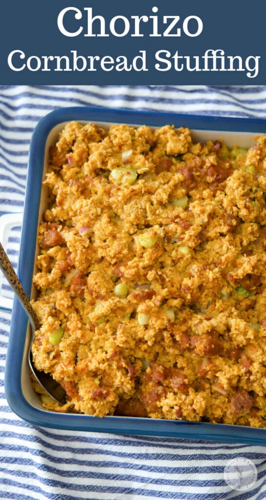 This stuffing made with Portuguese chorizo and cornbread stuffing mix makes a tasty weeknight side dish or served with during Thanksgiving.