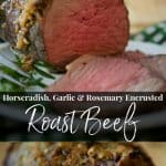 Tender Roast Beef topped with a mixture of horseradish, garlic and fresh rosemary is the perfect meal for a Sunday afternoon.