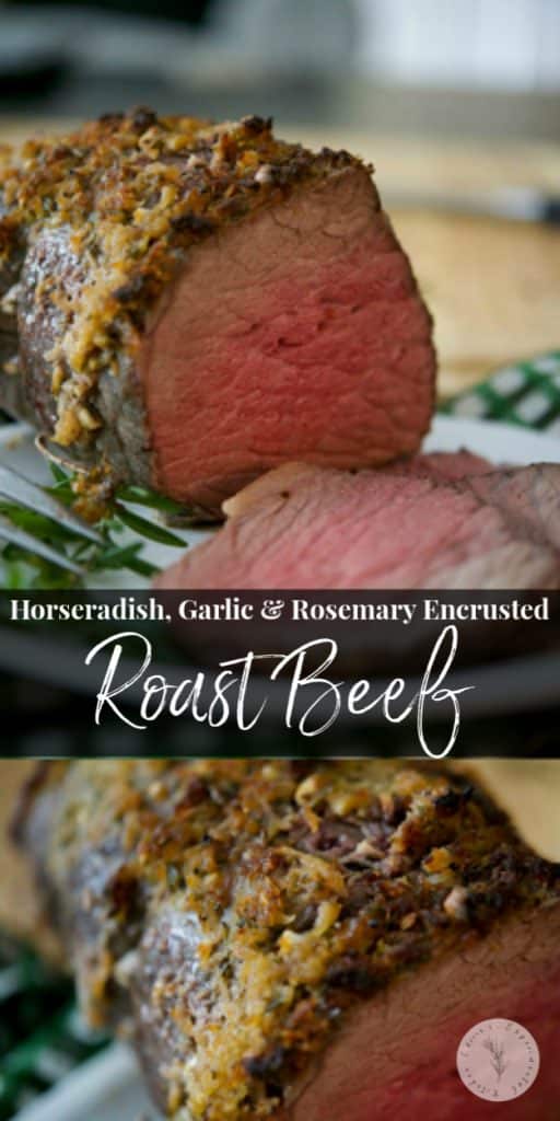 Tender Roast Beef topped with a mixture of horseradish, garlic and fresh rosemary is the perfect meal for a Sunday afternoon.