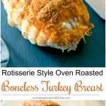 Boneless turkey breast seasoned with rotisserie seasonings including paprika, thyme, garlic and onion powder, salt, white and cayenne pepper.