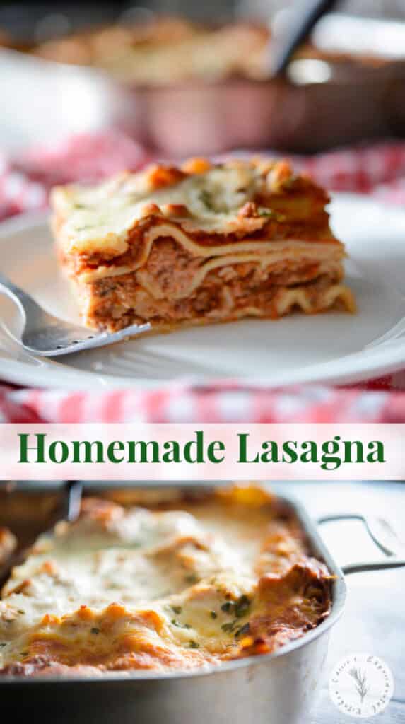 Lasagna made with a mixture of ricotta and mozzarella cheeses, layered with marinara sauce and cooked until hot and bubbly.