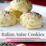 Italian Anise Cookies traditionally are a soft, licorice flavored cookie covered with a powdered sugar glaze and nonpareil's sprinkled on top.