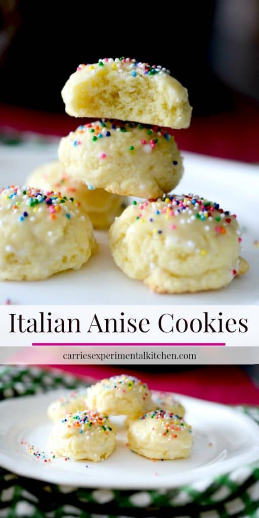 Italian Anise Cookies traditionally are a soft, licorice flavored cookie covered with a powdered sugar glaze and nonpareil's sprinkled on top.