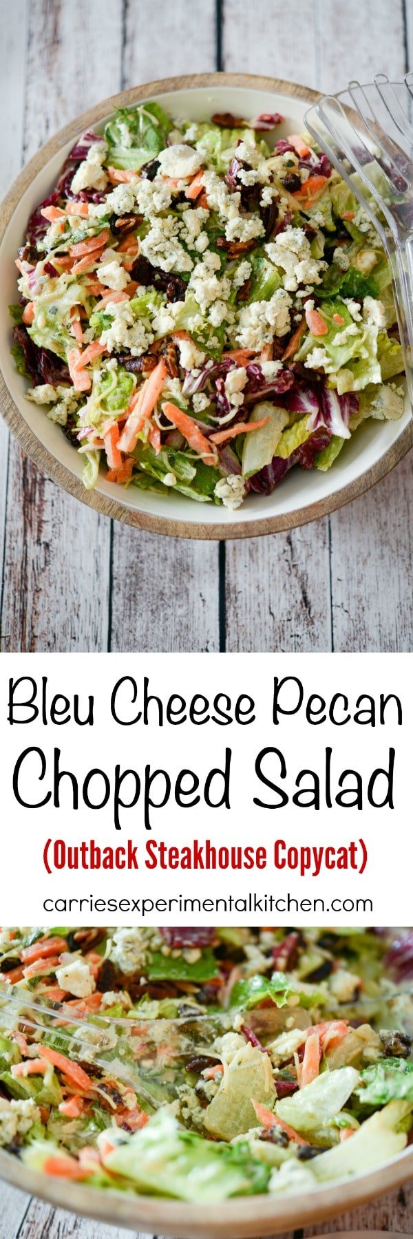 Make Outback Steakhouse's Bleu Cheese Pecan Chopped Salad at home with mixed greens and cinnamon pecans tossed in a Bleu cheese vinaigrette; then topped with crumbled Blue Cheese. #salad #bleucheese #pecan #outbacksteakhouse #copycatrecipe
