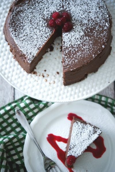 A close up of a piece of cake on a plate, with Chocolate espresso cake