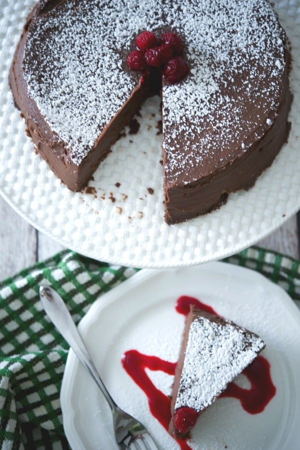 A close up of a piece of cake on a plate, with Chocolate espresso cake