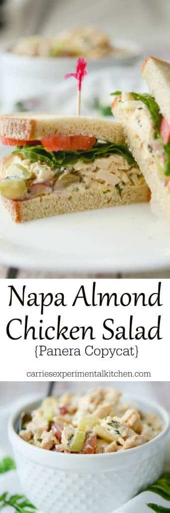 This Panera Bread copycat recipe for Napa Almond Chicken Salad made with tender white meat chicken, slivered almonds and grapes in a honey lemon herb mayonnaise makes a tasty sandwich for lunch or dinner.