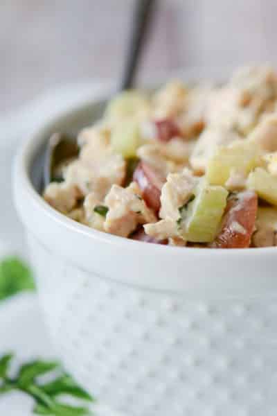 Napa Almond Chicken Salad made with tender white meat chicken, slivered almonds and grapes in a honey lemon herb mayonnaise.