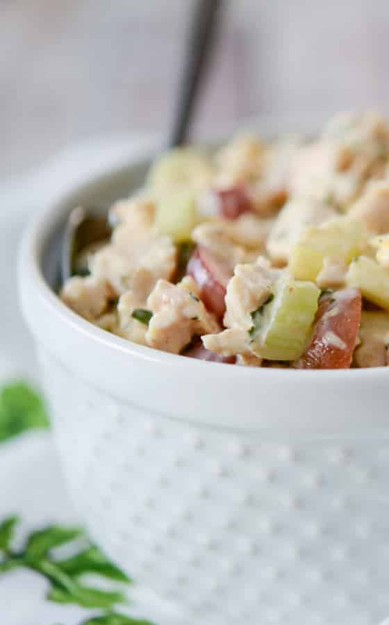 Napa Almond Chicken Salad made with tender white meat chicken, slivered almonds and grapes in a honey lemon herb mayonnaise.