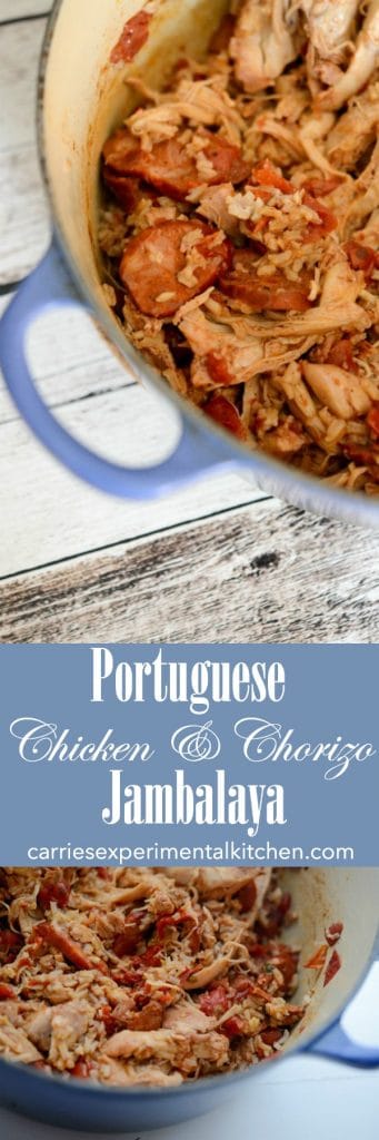 Portuguese Chicken and Chorizo Jambalaya in a Dutch oven collage photo.