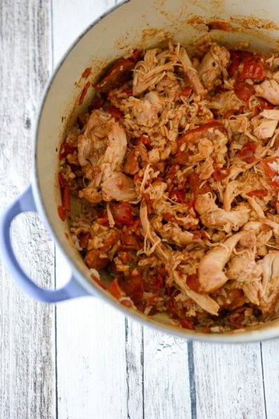 Portuguese Chicken and Chorizo Jambalaya in a Dutch oven.