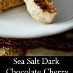 Sea salt dark chocolate cherry biscotti on a plate collage. 