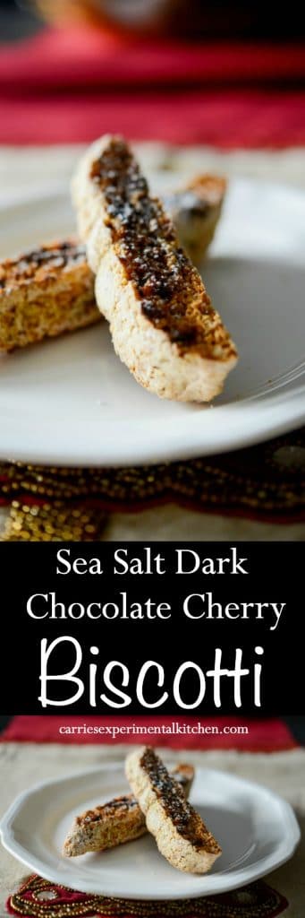 Sea salt dark chocolate cherry biscotti on a plate collage. 