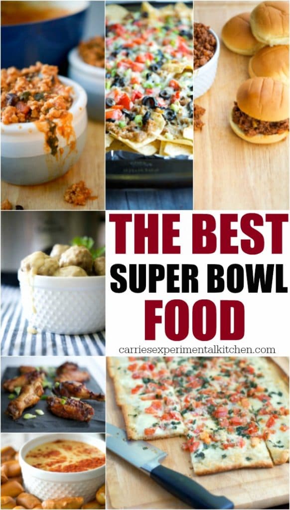 A close up of many different types of food for super bowl.