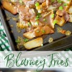 Steak fries on a sheet pan with gravy and roast beef collage photo.