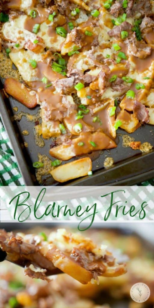 Steak fries on a sheet pan with gravy and roast beef collage photo.