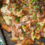 Blarney Fries are my version of an Irish Poutine made with steak cut french fries, Irish Dubliner cheese, shaved roast beef; then topped with brown gravy.