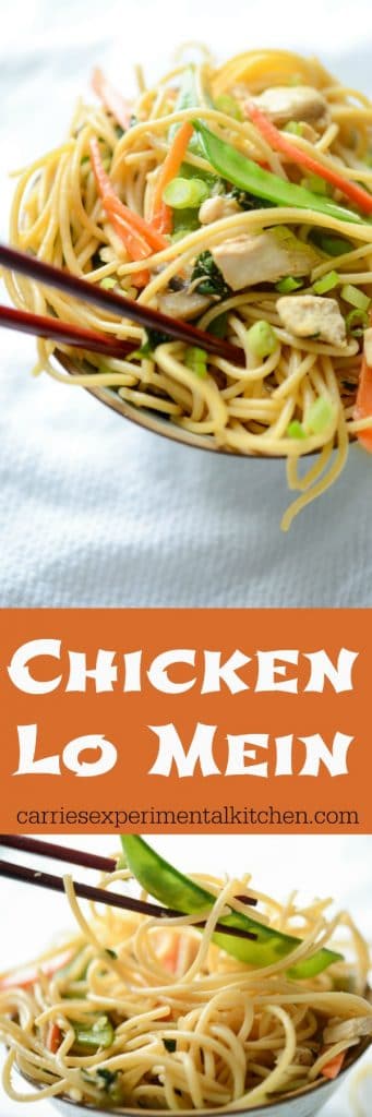 A dish is filled with food, with Chicken Lo Mein