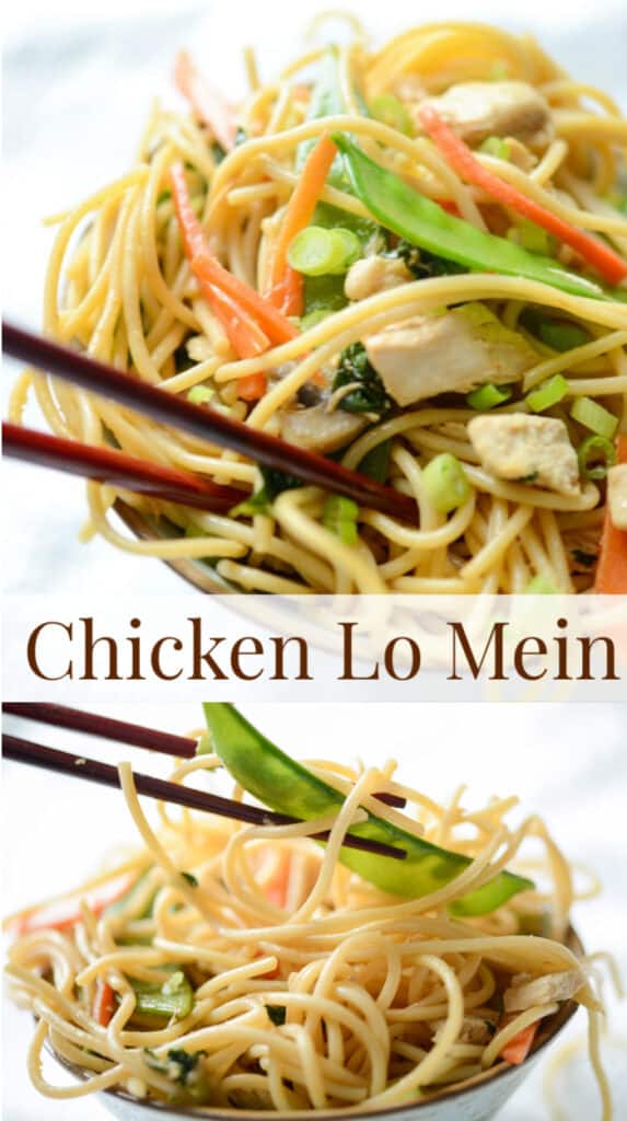 Make the popular Chinese takout menu item, Chicken Lo Mein at home with chicken, spaghetti, and vegetables in an Asian soy sauce.