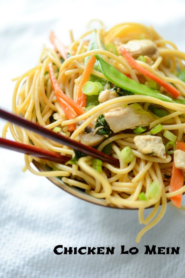 A dish is filled with food, with Chicken Lo Mein