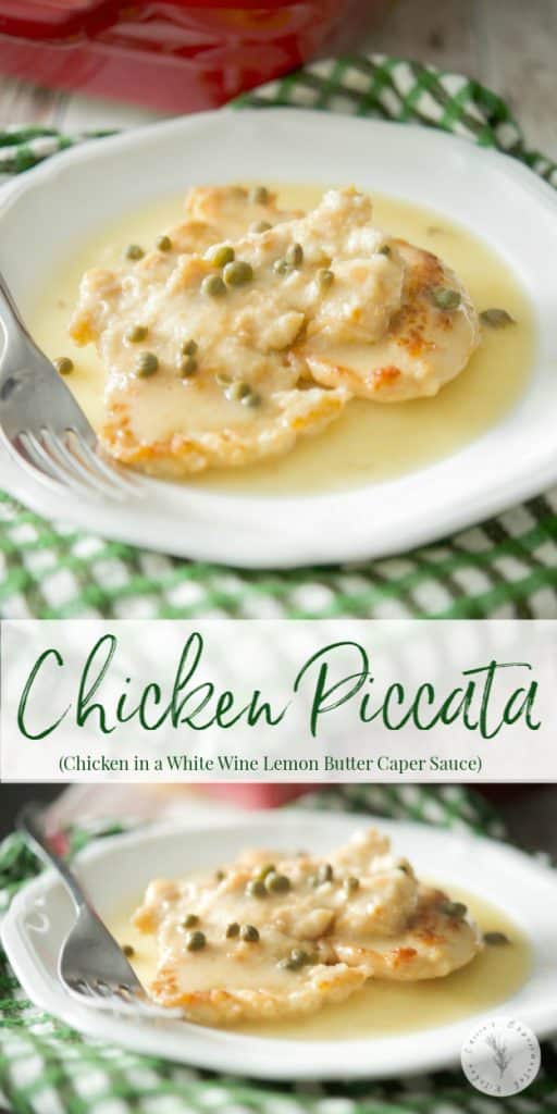 A plate of food on a table, with Chicken Piccata and Sauce