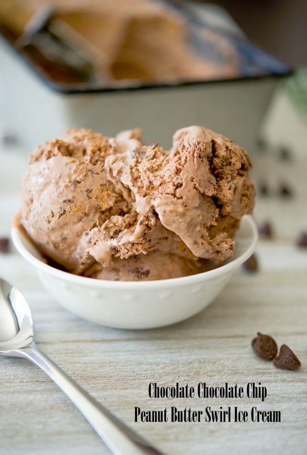 This homemade chocolate ice cream swirled with chopped semi sweet chocolate bits and creamy peanut butter will satisfy any sweet tooth. 