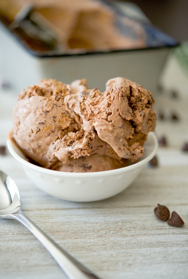 This homemade chocolate ice cream swirled with chopped semi sweet chocolate bits and creamy peanut butter will satisfy any sweet tooth.