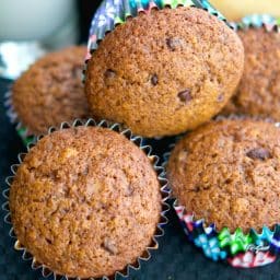 A close up of Hazelnut Chocolate Chip Banana Muffins.