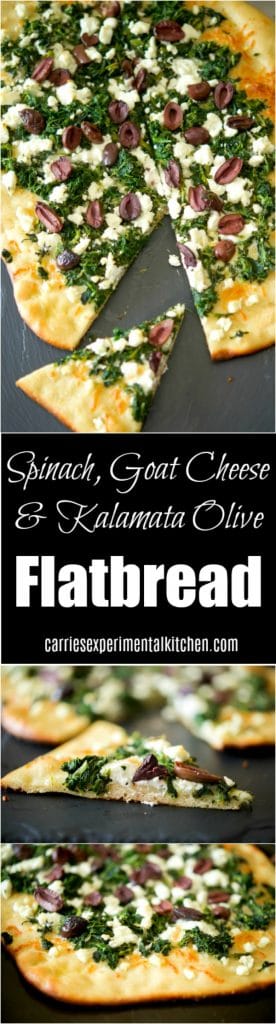Flatbread topped with spinach, crumbled Goat cheese and Kalamata olives collage.