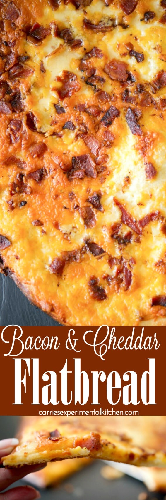 Bacon & Cheddar Flatbread made with your favorite pizza dough, crispy crumbled bacon and shredded sharp Cheddar cheese with a creamy horseradish sauce. #flatbread #pizza #bacon #cheddar #appetizer #dinner