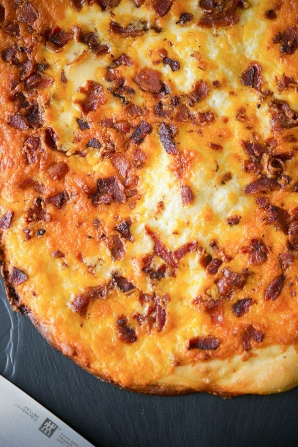 A close up of a Bacon Cheddar Pizza