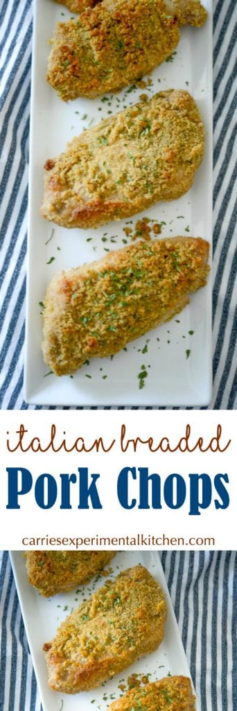 Italian Breaded Pork Chops on a white plate collage. 